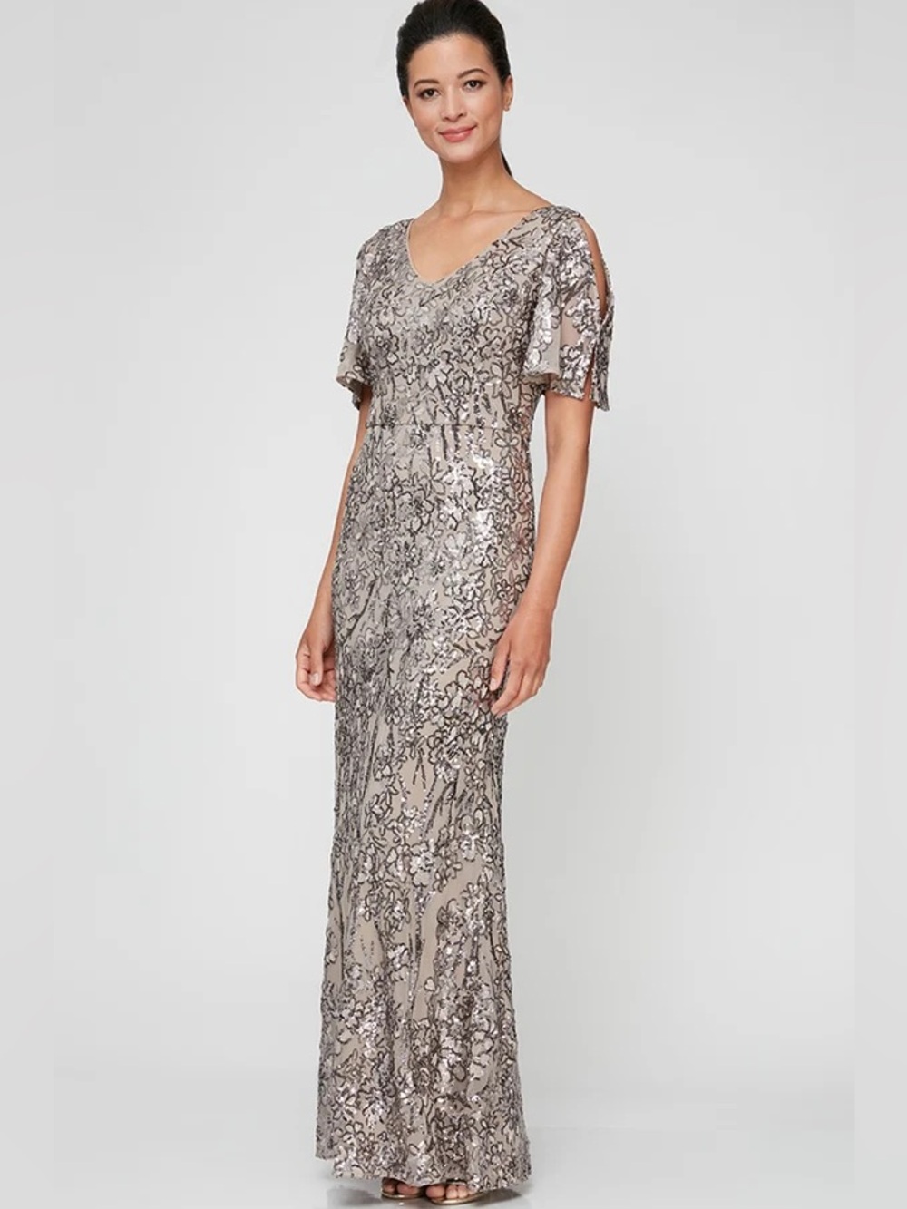 Alex evenings CAROLINE FLUTTER SHORT SLEEVE SEQUIN GOWN LONG - MINK size 16
